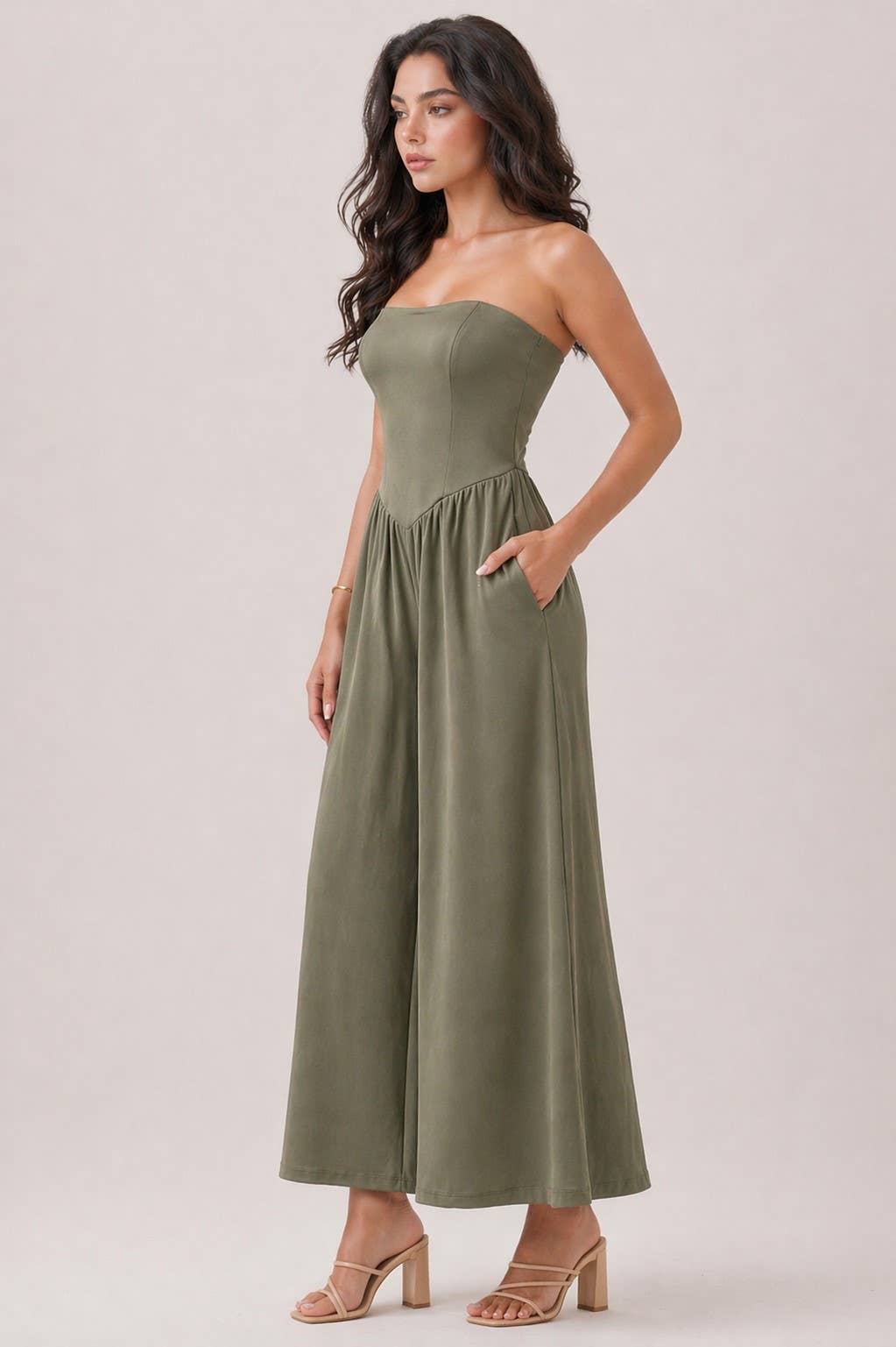 V SHAPE DROP WAIST TUBE JUMPSUIT (Olive & Black)